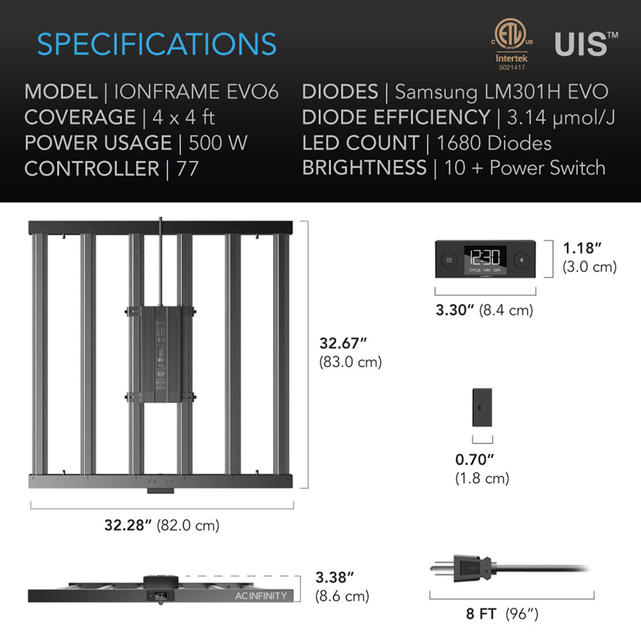 Lampe de culture LED Samsung 500W, IONFRAME EVO6 - AC-IF6K –AC Infinity Éclairage Full Spectrum