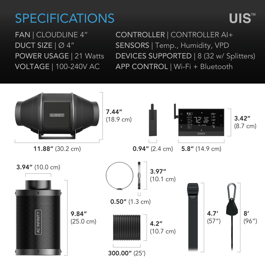 AC Infinity kit de filtration PRO Ø 100 mm – extracteur d’air, contrôleur intelligent et filtre à charbon (AC-FKT4)