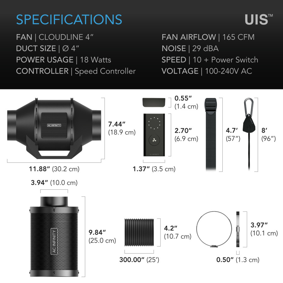AC Infinity kit de filtration silencieux Ø 100 mm – extracteur d’air, filtre à charbon et gaine (AC-FKS4)