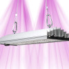 Lampe LED horticole SANlight Stixx 50 suspendue par deux câbles avec fixation métallique, fond rose vif.