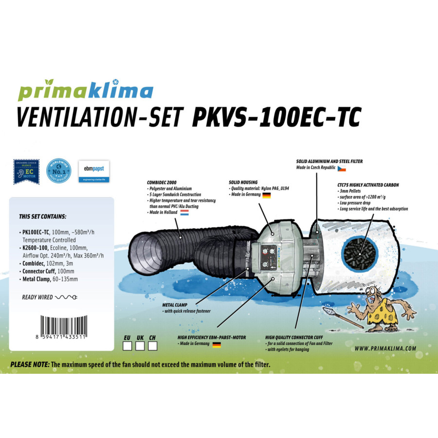 Prima Klima Pack Extracteur Ø100mm – 580m³/h + Contrôleur de Température (Réf. PKVS-100-ECTC)