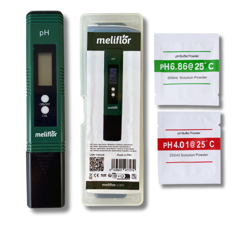Testeur pH Sol et Eau Meliflor GrowLED avec pochette et sachets d’échantillons de pH 6,86 et 4,01.
