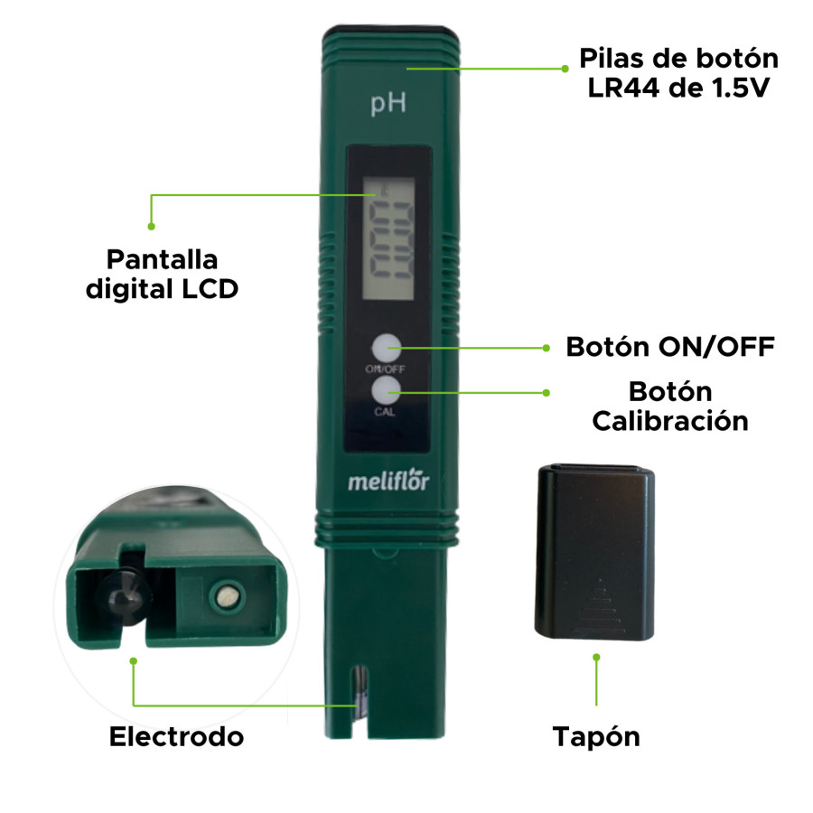Testeur pH Sol et Eau Meliflor GrowLED avec écran LCD numérique et bouton Cal. Puce LR44 1,5V, électrode amovible et capuchon de