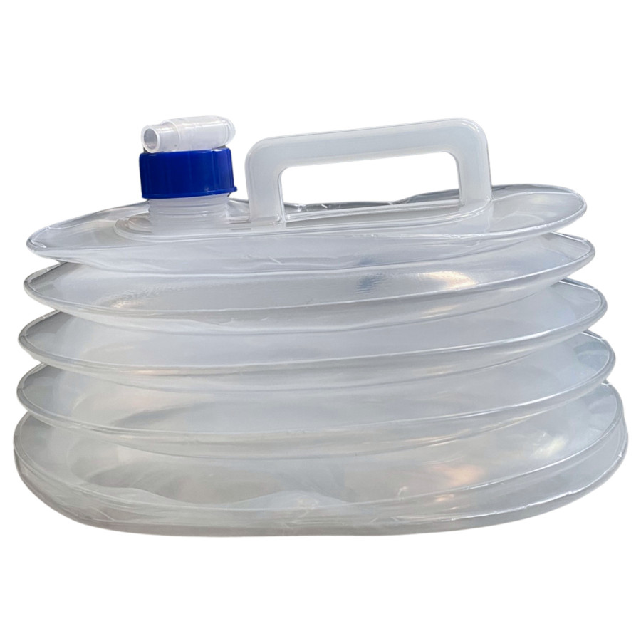 Réservoir pliable 10L en PE+PP transparent avec bouchon bleu et poignée, design en accordéon pour stockage facile.
