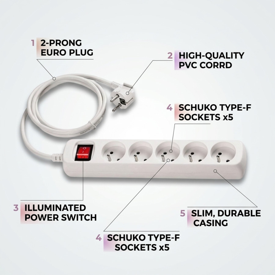 Multiprise avec 5 prises - Câble 1m - Interrupteur - MAX 3500W