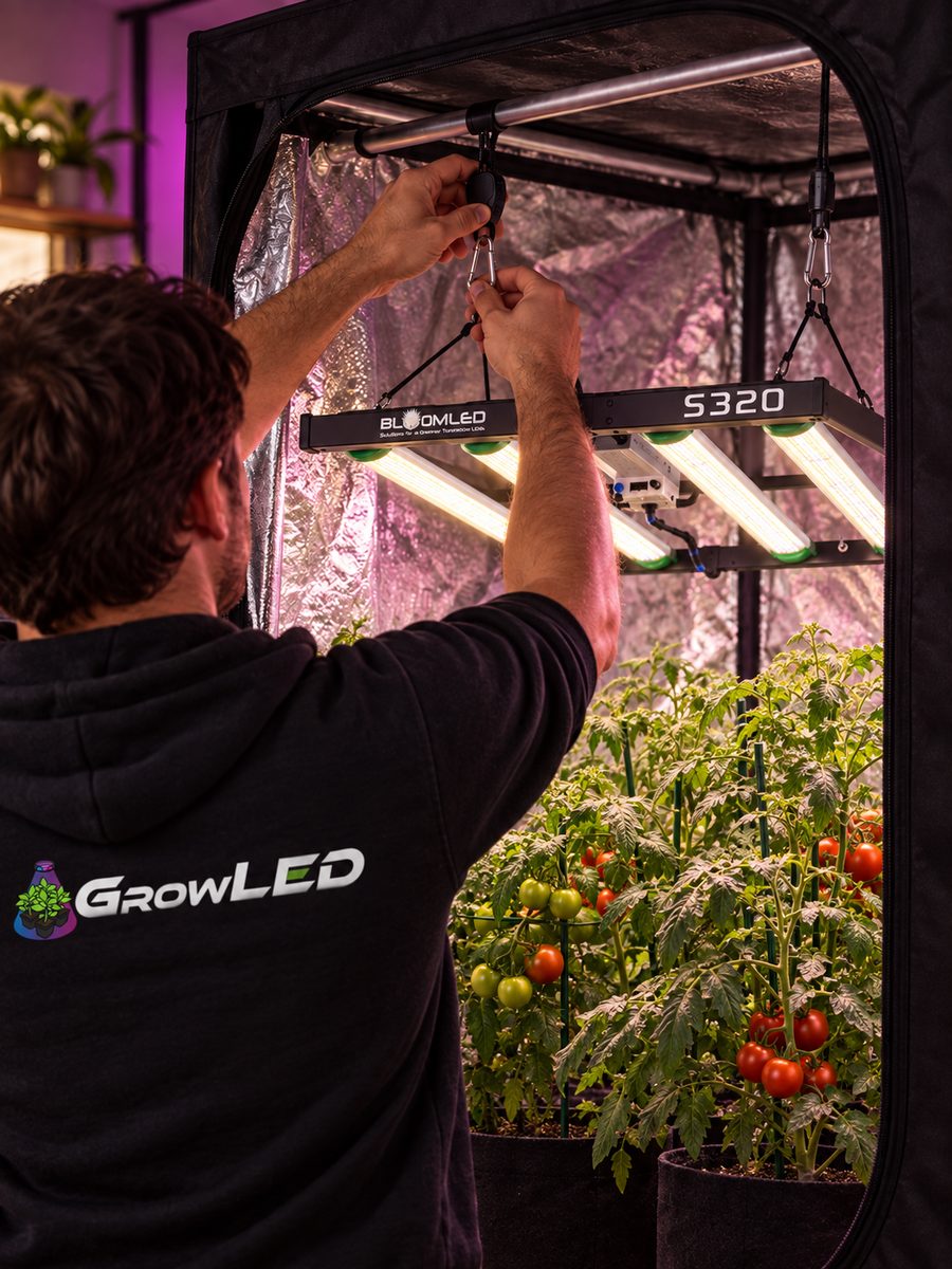 Personne en sweat GrowLED installant un SpectraWILD S320 au-dessus de grands plants de tomates.