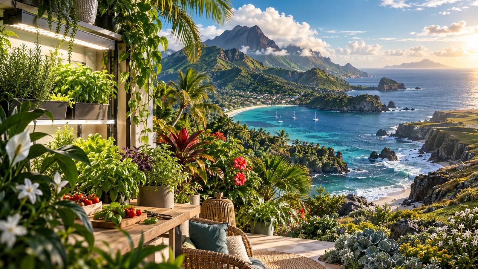 Illustration de cultures intérieures et de paysages évoquant les outre-mer