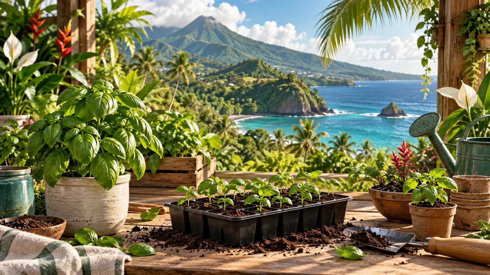 Illustration horticole évoquant Guadeloupe et un espace de culture de plantes