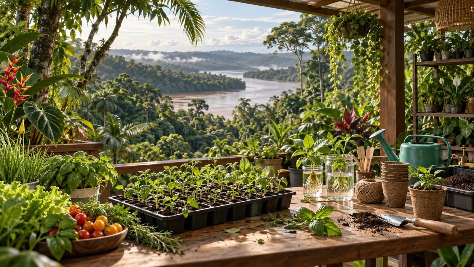 Illustration horticole évoquant Guyane et un espace de culture de plantes