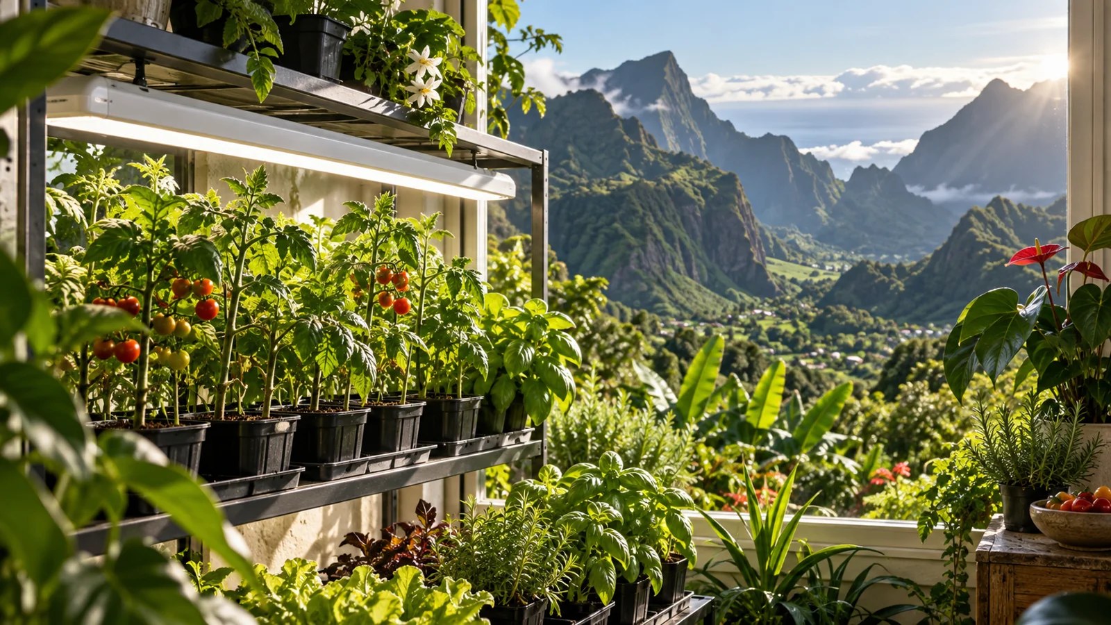 Illustration horticole évoquant La Réunion et un espace de culture de plantes