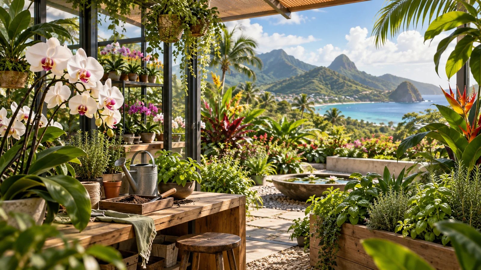 Illustration horticole évoquant Martinique et un espace de culture de plantes