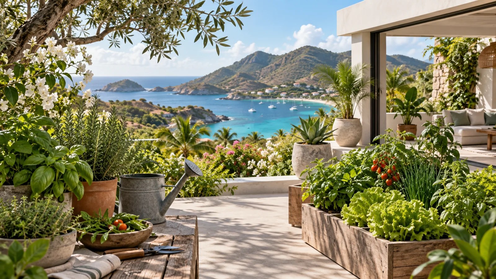 Illustration horticole évoquant Saint-Barthélemy et un espace de culture de plantes