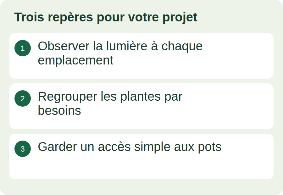 Observer la lumière à chaque emplacement ; Regrouper les plantes par besoins ; Garder un accès simple aux pots