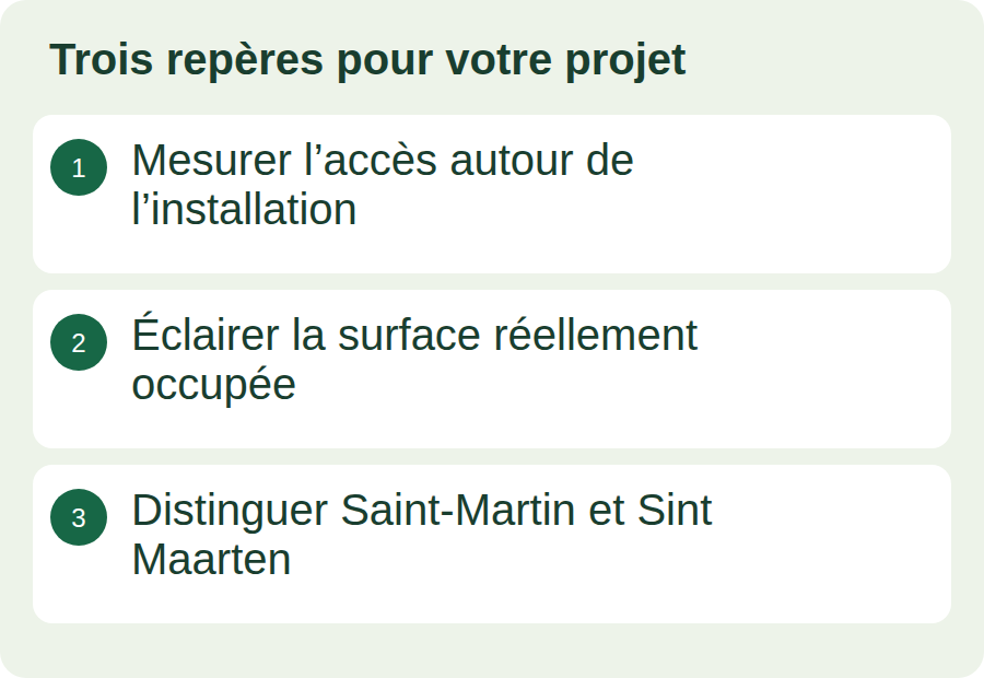 Mesurer l’accès autour de l’installation ; Éclairer la surface réellement occupée ; Distinguer Saint-Martin et Sint Maarten