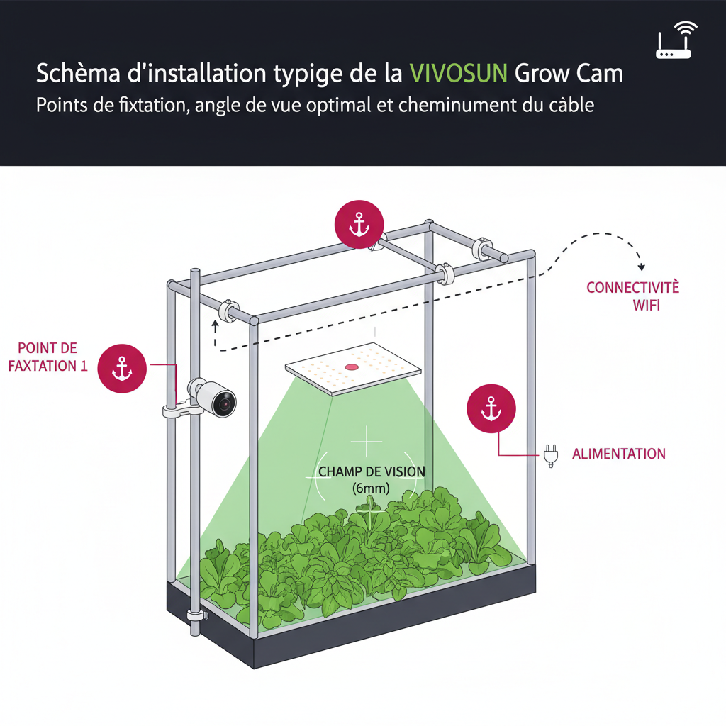 Installation diagram of the VIVOSUN Grow Cam in an indoor grow tent, viewing angle and mounting points