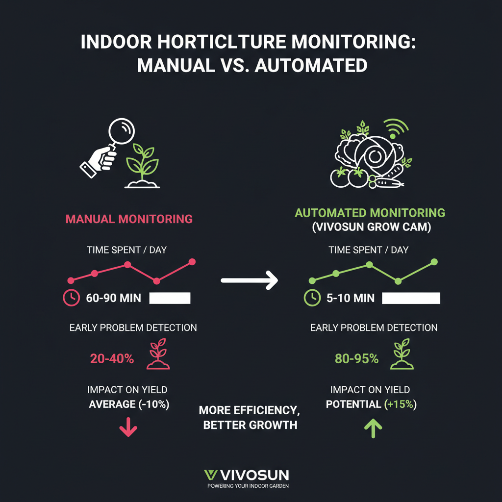 Infographic comparing manual monitoring and automated monitoring by VIVOSUN Grow Cam for indoor growing