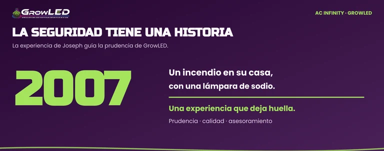 Composición tipográfica sobre el incendio que sufrió Joseph en 2007 y la importancia de la seguridad en GrowLED.