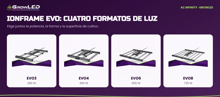 Las cuatro luminarias IONFRAME: EVO3 de 280 W, EVO4 de 300 W, EVO6 de 500 W y EVO8 de 730 W.