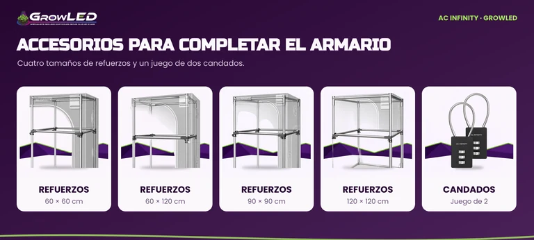 Los cuatro tamaños de barras de refuerzo AC Infinity y los candados de combinación.