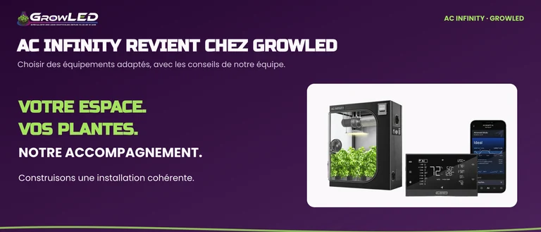 AC Infinity de retour chez GrowLED, avec l’accompagnement de l’équipe pour choisir une installation adaptée.