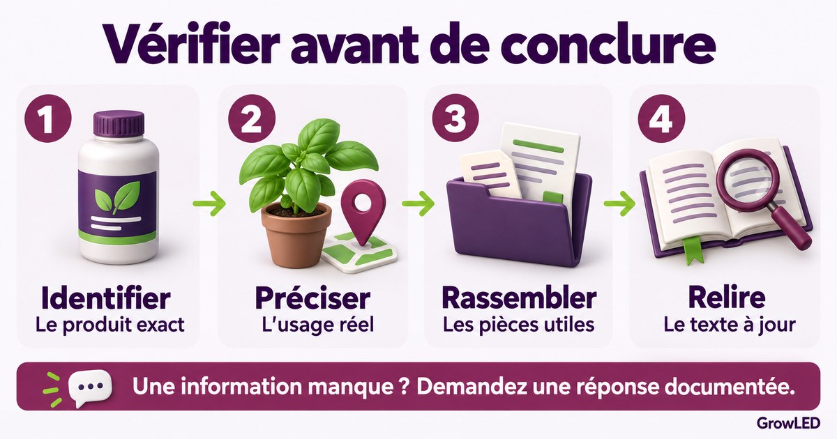 Quatre vérifications : produit exact, usage réel, pièces utiles et texte à jour.