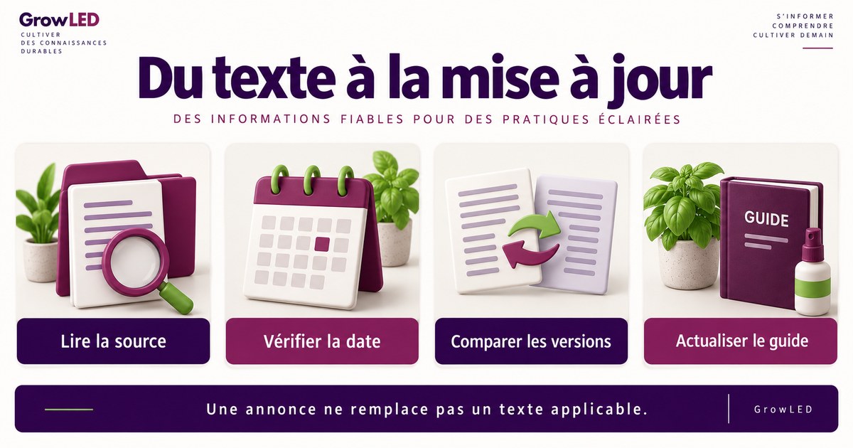 Du texte à la mise à jour : Lire la source, Vérifier la date, Comparer les versions, Actualiser le guide.