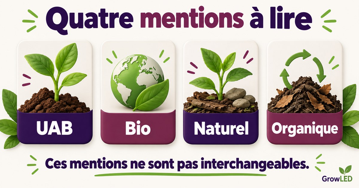 Quatre mentions à lire : UAB, Bio, Naturel, Organique.