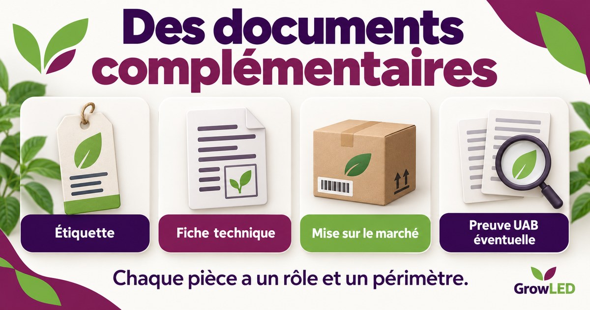 Des documents complémentaires : Étiquette, Fiche technique, Mise sur le marché, Preuve UAB éventuelle.