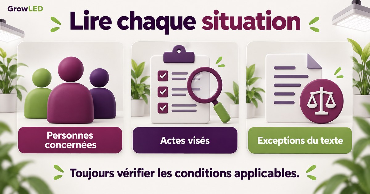 Lire chaque situation : Personnes concernées, Actes visés, Exceptions du texte.