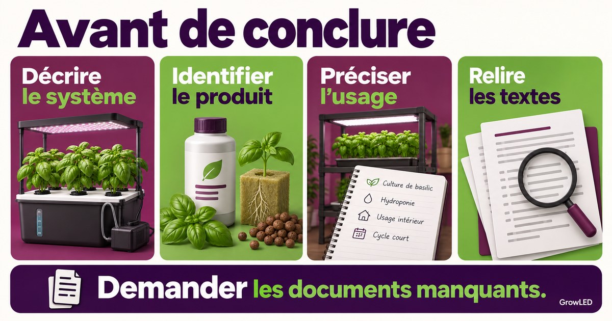 Avant de conclure : Décrire le système, Identifier le produit, Préciser l’usage, Relire les textes.