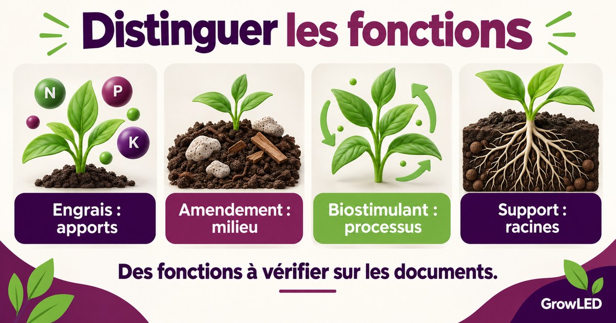 Distinguer les fonctions : Engrais : apports, Amendement : milieu, Biostimulant : processus, Support : racines.