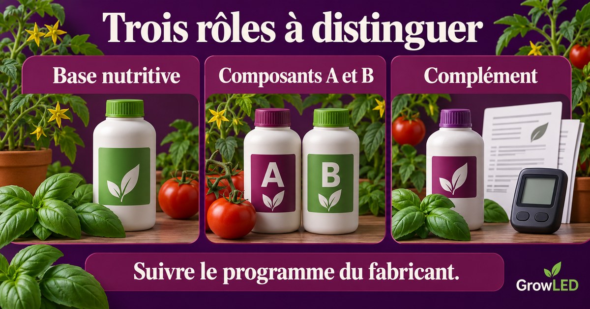 Trois rôles à distinguer : Base nutritive, Composants A et B, Complément.