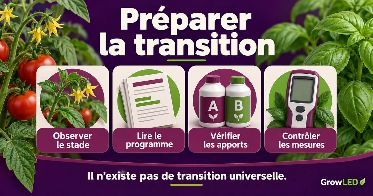 Préparer la transition : Observer le stade, Lire le programme, Vérifier les apports, Contrôler les mesures.