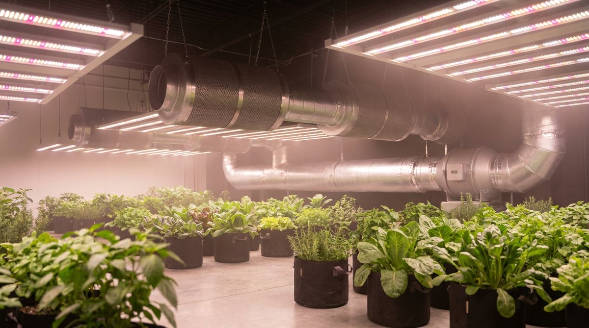 Chambre de culture avec extracteur, gaine aluminium et éclairage LED horticole