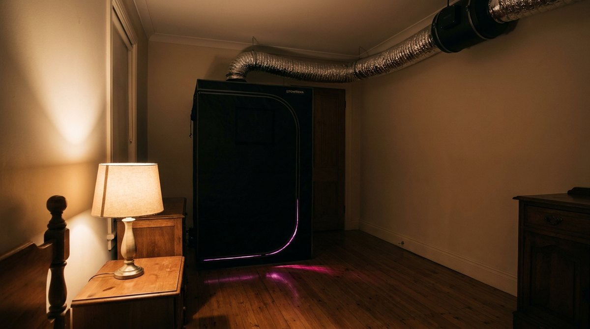 Culture en intérieur la nuit, extraction silencieuse dans une pièce de vie